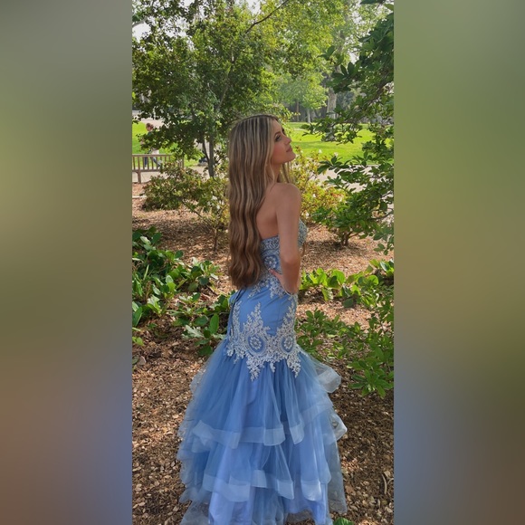 Strapless Carolina Blue Prom Dress with Silver Beading, sequins and gems. - Picture 2 of 4